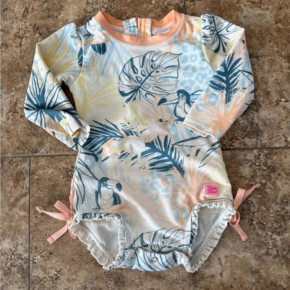 Ruffle Butts Peach, Blue & Yellow Tropical Toucan One-Piece Swimsuit